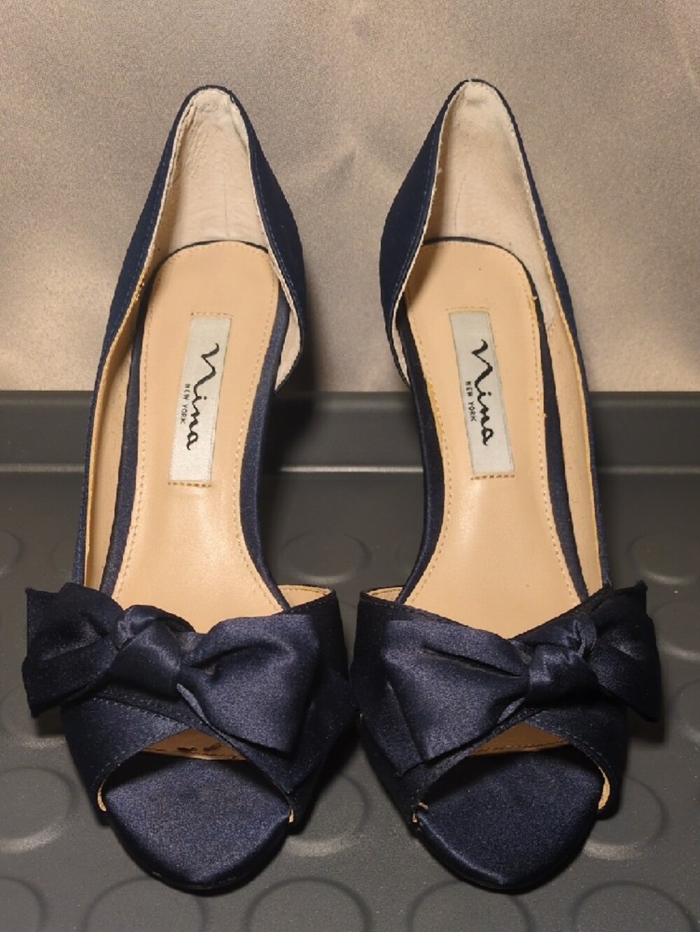 Nina Navy Satin Peep-Toe Heels with Front Bow Accent - Picture 3 of 7